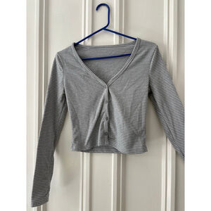 MUSERA women's Grey White Stripe Long Sleeve V-Neck Crop Top Size S